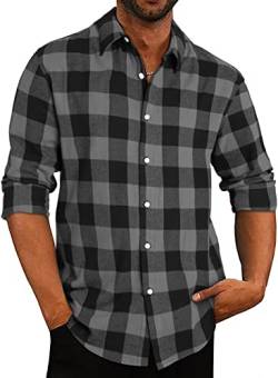 APOONABA Flanellhemd Herren Hemd Kariertes Freizeithemd Casual Flanell Hemden Langarmhemd Regular Fit Lose Baumwolle Langarm Button Down Shirts Herbst Frühling Sommer Schwarz 2XL von APOONABA