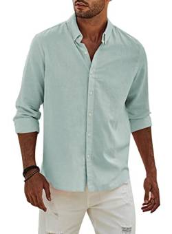 APOONABA Hemd Herren Buissnes Leinenhemd Freizeithemd Casual Leinen Bluse Langarm Shirts Regular Fit Western Hemden Baumwolle Langarmhemd Frühling Herbst Grün S von APOONABA