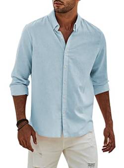 APOONABA Hemd Herren Buissnes Leinenhemd Freizeithemd Casual Leinen Bluse Langarm Shirts Regular Fit Western Hemden Baumwolle Langarmhemd Frühling Herbst Himmelblau XL von APOONABA