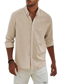 APOONABA Hemd Herren Buissnes Leinenhemd Freizeithemd Casual Leinen Bluse Langarm Shirts Regular Fit Western Hemden Baumwolle Langarmhemd Frühling Sommer Herbst Beige L von APOONABA