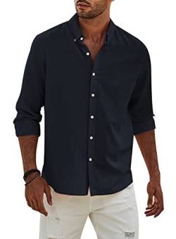 APOONABA Hemd Herren Buissnes Leinenhemd Freizeithemd Casual Leinen Bluse Langarm Shirts Regular Fit Western Hemden Baumwolle Langarmhemd Frühling Sommer Herbst Blau M von APOONABA