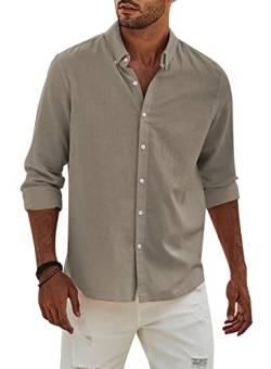 APOONABA Hemd Herren Buissnes Leinenhemd Freizeithemd Casual Leinen Bluse Langarm Shirts Regular Fit Western Hemden Baumwolle Langarmhemd Frühling Sommer Herbst Khaki M von APOONABA