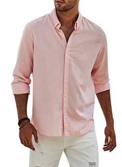 APOONABA Hemd Herren Buissnes Leinenhemd Freizeithemd Casual Leinen Bluse Langarm Shirts Regular Fit Western Hemden Baumwolle Langarmhemd Frühling Sommer Herbst Rosa M von APOONABA