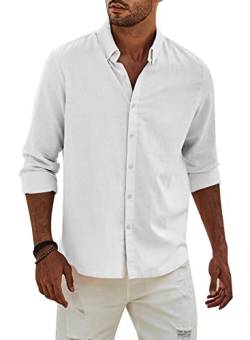 APOONABA Hemd Herren Buissnes Leinenhemd Freizeithemd Casual Leinen Bluse Langarm Shirts Regular Fit Western Hemden Baumwolle Langarmhemd Frühling Sommer Herbst Weiß L von APOONABA