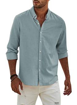 APOONABA Hemd Herren Buissnes Leinenhemd Freizeithemd Casual Leinen Bluse Langarm Shirts Regular Fit Western Hemden Baumwolle Langarmhemd Sommer Herbst Himmelblau L von APOONABA