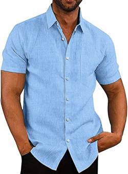 APOONABA Hemd Herren Freizeithemd Einfarbig Kurzarm Shirts Sommer Hemden für Herren Button down Baumwolle Western Bluse Strand Frühling T-Shirts Himmelblau L von APOONABA