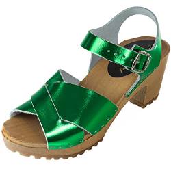 APREGGIO - Damen Clogs aus Leder mit Holzsohle – Hoher Absatz – Clog-Sandalen – Sommer geöffnet –Schwedische Stil - Schuhe Handgefertigt - Grün – Größe 40 EU von APREGGIO