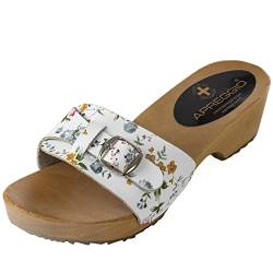 APREGGIO - Damen Clogs aus Leder mit Holzsohle – Hoher Absatz – Clog-Sandalen – Sommer geöffnet –Schwedische Stil - Schuhe Handgefertigt - Weiß mit bunten Blumen – Größe 36 EU von APREGGIO