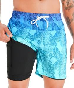 APTRO Herren Badehose Schwimmhose Board Shorts Kurz Schnelltrocknend 2 in 1 Gym Shorts Farbverlauf Blau MK271 L von APTRO