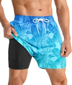 APTRO Herren Badehose Schwimmhose Board Shorts Kurz Schnelltrocknend 2 in 1 Gym Shorts Farbverlauf Blau MK271 M von APTRO