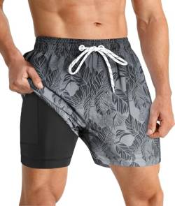 APTRO Herren Badehose Schwimmhose Board Shorts Kurz Schnelltrocknend 2 in 1 Gym Shorts Farbverlauf Grau MK272 L von APTRO