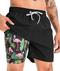 APTRO Herren Badehose Badeshorts Schwimmhose Board Shorts Kurz Schnelltrocknend 2 in 1 Strand Shorts mit InnenhoseSchwarz Flamingo MK256 XL von APTRO