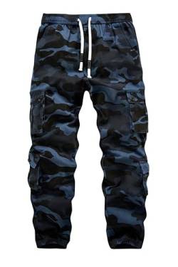 APTRO Herren Cargo Hose Camouflage Freizeithose Elastische Taille Arbeitshose Lange Baumwolle Jogginghose mit 8 Tachen LT45 Blau Tarnfarbe 3XL von APTRO