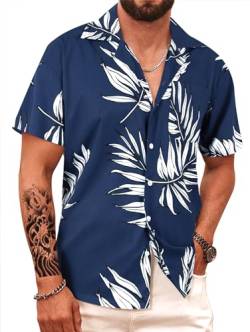 APTRO Herren Hemd Hawaiihemd Freizeit Hemd Kurzarm Urlaub Hemd Reise Shirt Blatt Blau HW024 XXXL von APTRO