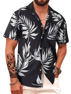 APTRO Herren Hemd Hawaiihemd Freizeit Hemd Kurzarm Urlaub Hemd Reise Shirt Blatt Schwarz HW024 L von APTRO