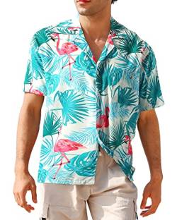 APTRO Herren Hemd Hawaiihemd Freizeit Hemd Kurzarm Urlaub Hemd Reise Shirt Grün Flamingo MF097 L von APTRO