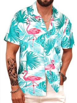 APTRO Herren Hemd Hawaiihemd Freizeit Hemd Kurzarm Urlaub Hemd Reise Shirt Grün Flamingo MF097 XXXL von APTRO
