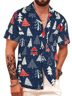 APTRO Herren Hemd Hawaiihemd Freizeit Hemd Kurzarm Urlaub Hemd Reise Shirt Weihnachtsbaum Blau M187 3XL von APTRO