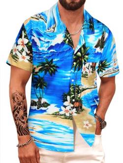 APTRO Herren Hemd Hawaiihemd Freizeit Hemd Kurzarm Urlaub Hemd Sommer Blumen Hemd Hawaii Blau M098 M von APTRO