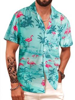 APTRO Herren Hemd Hawaiihemd Strandhemd Kurzarm Urlaub Hemd Freizeit Reise Hemd Party Hemd Flamingo Grün BT020 XL von APTRO