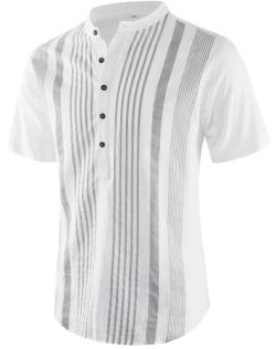 APTRO Herren Hemd Kurzarm Leinenhemd Henley Sommer Hemd Baumwollhemd vertikal gestreiftes Hemd Weiß 3XL von APTRO