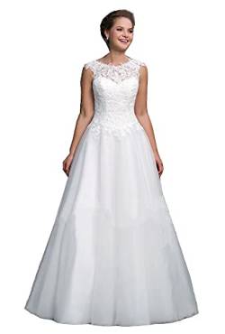APZKNHDA Damen U-Ausschnitt Lace Up Back Hochzeitskleid A-Linie Tüll Brautkleider, Weiß, 34 von APZKNHDA