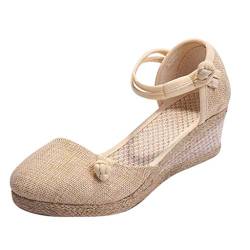 AQ899 Wedge Braided Buckle Sandals Women Breathable Linen Round Toe Slippers Versatile Platform Wedge Shoes Fabric Material Size 34-40 von AQ899
