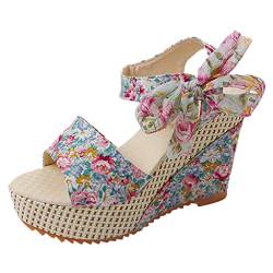 AQ899 Women's Flower Wedges Sandals Floral Footwear Lace-up Sandals Ladies Heel Buckle Straps Shoes Platform Women's Cotton Fabric Slippers von AQ899