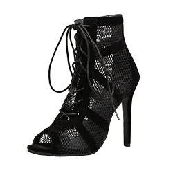 Thin High Heel Sandals Lady Lace UP Mesh Sandals Women's Boots Round toe Ankle Wrap Mesh Outdoor Shoes with PU Leather Black von AQ899