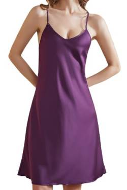 ARCFEETORY Nachthemd Damen Satin Negligee Lingerie Nachtwäsche Nachtkleid mit verstellbaren Spaghettiträger V-Ausschnitt Schlafshirt Violett 2XL von ARCFEETORY