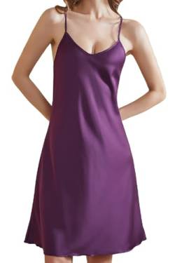 ARCFEETORY Nachthemd Damen Satin Negligee Lingerie Nachtwäsche Nachtkleid mit verstellbaren Spaghettiträger V-Ausschnitt Schlafshirt Violett S von ARCFEETORY