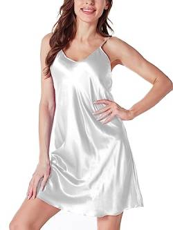 ARCFEETORY Nachthemd Damen Satin Negligee Lingerie Nachtwäsche Nachtkleid mit verstellbaren Spaghettiträger V-Ausschnitt Schlafshirt Weiß 3XL von ARCFEETORY