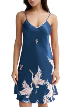 ARCFEETORY Nachthemd Damen Satin Negligee Nachtwäsche Lingerie Nachtkleid mit Spaghettiträger V-Ausschnitt Schlafshirt Kranich Blau L von ARCFEETORY