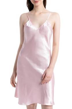 ARCFEETORY Nachthemd Damen Satin Negligee Nachtwäsche Lingerie Nachtkleid mit Spaghettiträger V-Ausschnitt Schlafshirt Rosa XXXL von ARCFEETORY