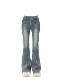 ARESU Blaue Damen-Jeans, Schlaghose, hohe Taille, Vintage-Denim, Bell-Bottom, weiblich, Harajuku, Streetwear, schicke 2000er-Jahre-Hose, Y2K-Blau-L von ARESU