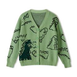ARESU Erwachsene Tops, Dinosaurier-Druck, langärmelig, lockere Strickjacke mit Knöpfen, Herbst-Outfit für Damen und Herren, SML XL-Aa-Grün-M von ARESU