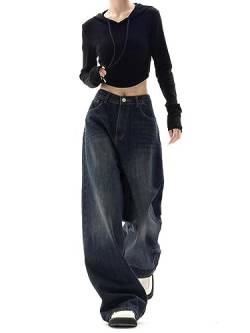 ARESU Jeans mit weitem Bein für Damen, koreanische Mode, Harajuku, Baggy-Denim-Hose, übergroße Streetwear, Vintage-Y2K-Herbst-Freizeithose-1-S von ARESU
