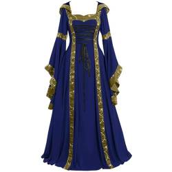 ARESU Kleider für Damen, Elegante Robe, Vintage, keltisch, mittelalterlich, bodenlang, Renaissance, Gothic, Cosplay-Kleider, 2023, Blau, M von ARESU