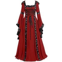 ARESU Kleider für Damen, Elegante Robe, Vintage, keltisch, mittelalterlich, bodenlang, Renaissance, Gothic, Cosplay-Kleider 2023, Rot, XL von ARESU