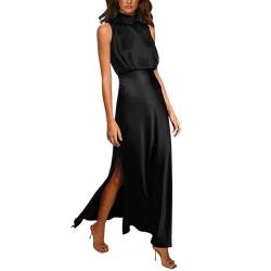 ARESU Vintage-Kleid mit Stehkragen, ärmellos, Satin, Damen, elegant, hoch gespalten, formelles Party-langes Kleid, weiblich, schlanke Taille, Abendkleid, Schwarz, M von ARESU
