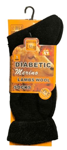 ARG Herren Diabetiker-Socken, Merinowolle, extra warm, Thermo-Socken, weich, 2,4 Tog, Größe 39–45, Packung mit 1 (schwarz), Einheitsgröße von ARG