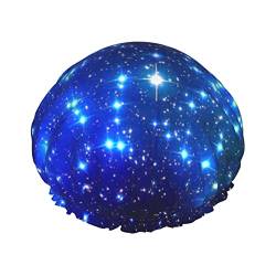 Blaue glänzende Sterne-Druck-Duschhaube für Frauen, wiederverwendbar, doppellagig, Stoff, Duschhauben für Mädchen, Haarkappen von AROONS