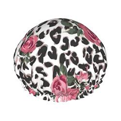 Niedliche rosa Rosen-Mix Leopardenmuster Duschhaube für Frauen wiederverwendbare doppellagige Stoff-Duschhauben Mädchen Haarkappen von AROONS