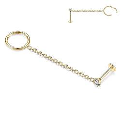 AROWRO 16G Kette Ohrringe Conch Hoop Ohrringe für Frauen Double Piercing Dangle Kette Knorpel Hoop Ohrringe Cubic Zirkonia Labret Ohrstecker 316L Chirurgenstahl Nasenring Hoop 8mm Bar Gold von AROWRO