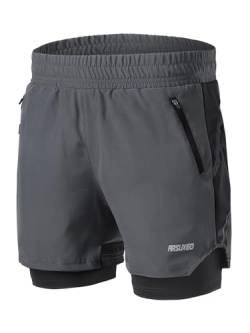 ARSUXEO Herren Laufshorts 2 in 1 Laufen Running Shorts Aktiv Turnhose mit 2 Reißverschlusstaschen B191 Dunkelgrau L von ARSUXEO