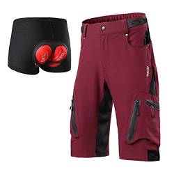 ARSUXEO Herren Radhose Loose Fit MTB Shorts Wasserabweisende Outdoor Sporthose mit 7 Taschen 1202 001B Rot L von ARSUXEO