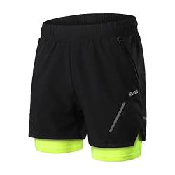 ARSUXEO Laufshorts Herren Laufhosen 2 in 1 Trainingsshorts Kurze Turnhose mit Mesh Liner Reißverschlusstaschen B210 schwarz grün M von ARSUXEO