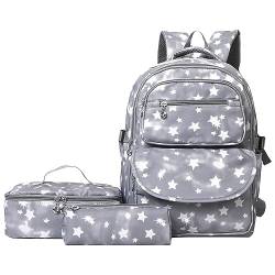 ARVALOLET 3Pcs Kawaii Rucksäcke mit Mittagessen Tasche & Bleistift Fall Doppel Umhängetasche Set Stern Gedruckt Multifunktional für Elementary Middle Kids, grau, 430*300*150mm/16.93*11.81*5.91inch, von ARVALOLET