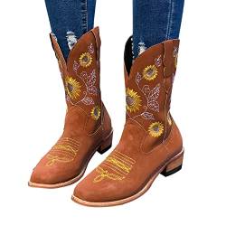 Western Cowgirl Cowboystiefel für Frauen, Plattform Mitte der Wade Stiefel, Mode bunt bestickte Tanzschuhe für Mädchen, Damen Casual Smart Party Schuhe Booties, perfekt für Dating und Alltag, khaki, von ARtray