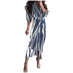 ASDVB Damenmode Loser V-Ausschnitt Knopf Streifen Print Schnürung Taille Hohe Taille Halbarm Kleid Sommer Strandkleid von ASDVB